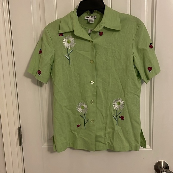 VINTAGE  LINEN A.K.C. Pistachio Green Ladybug Embroidered tank & jacket size S - Picture 8 of 16